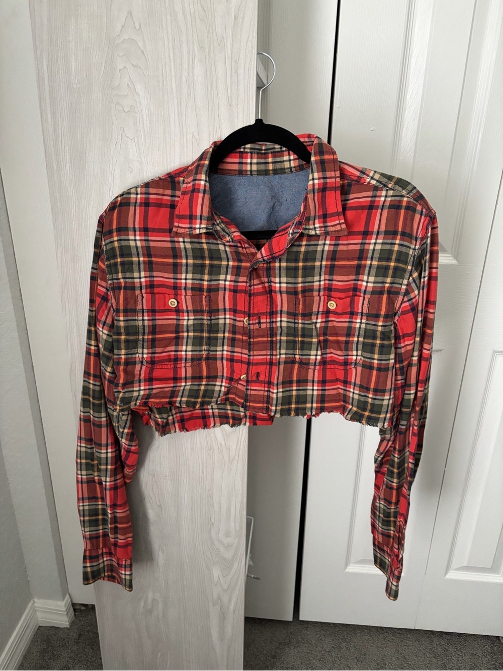 Redone Cropped Red/Orange Plaid Button-Down Shirt